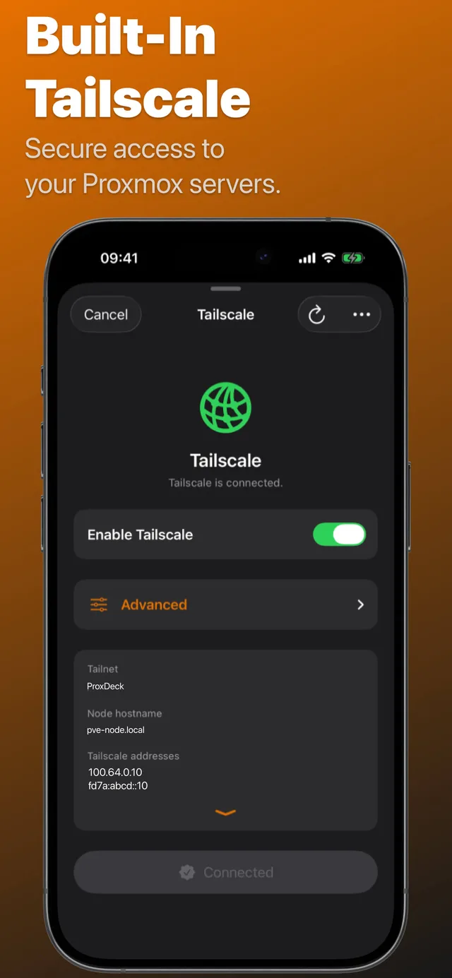 Prox Deck Tailnet settings on iPhone showing an enabled connection and its App-level network status.