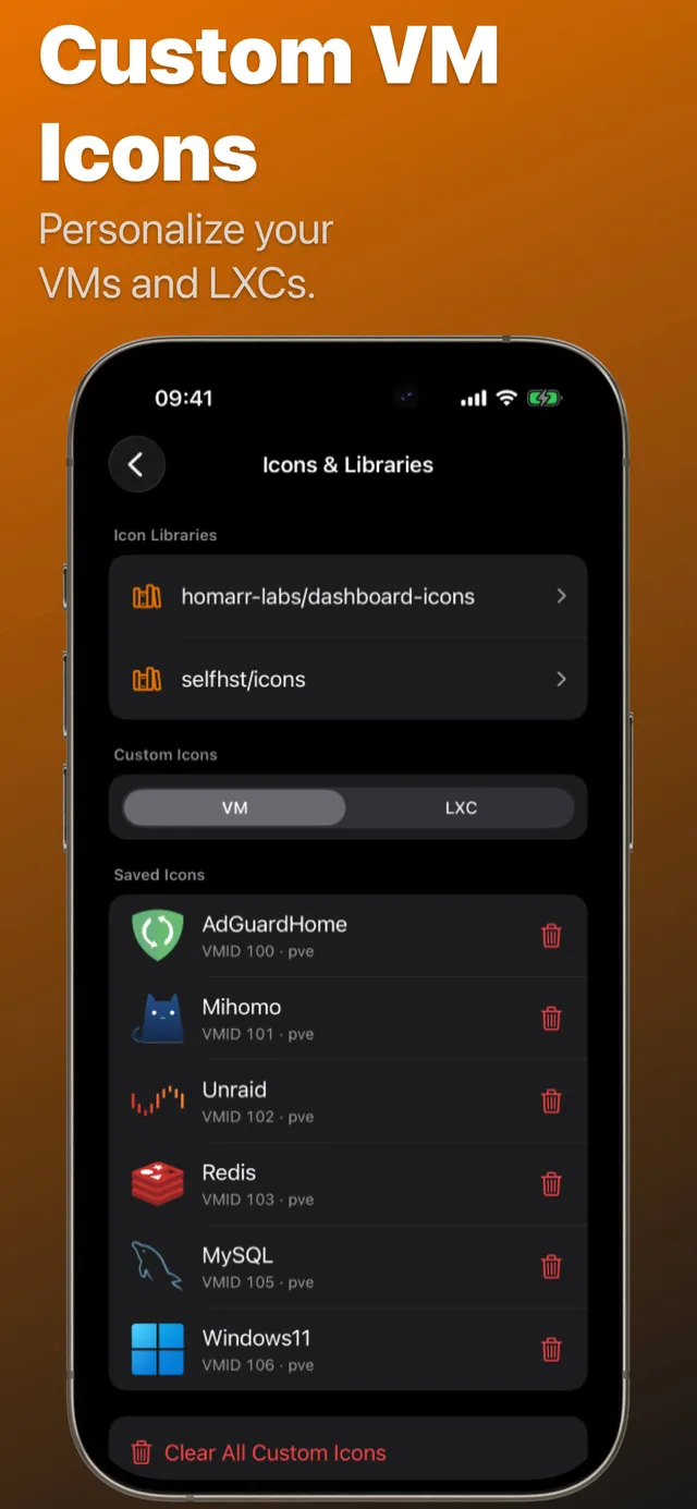 Prox Deck Icons and Libraries screen on iPhone showing Dashboard Icons, selfh.st, and saved custom VM icons.