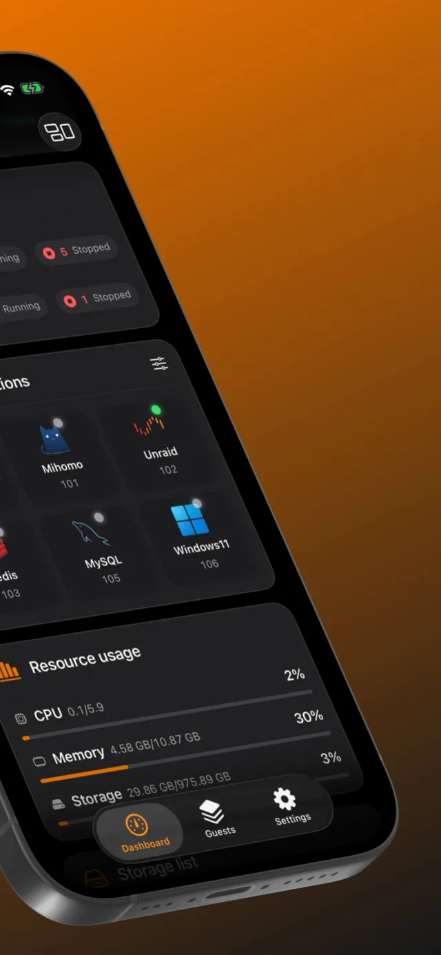 Prox Deck Dashboard on iPhone showing VM and LXC status cards, quick actions, and CPU, memory, and storage usage.