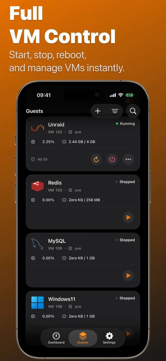 Prox Deck Guests list on iPhone showing running and stopped virtual machines with supported power controls.