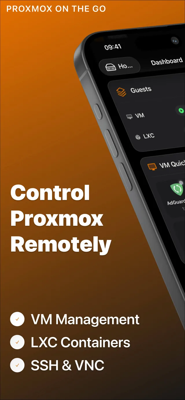 Prox Deck promotional screen showing a Proxmox VE dashboard on an iPhone alongside the text Control Proxmox Remotely.