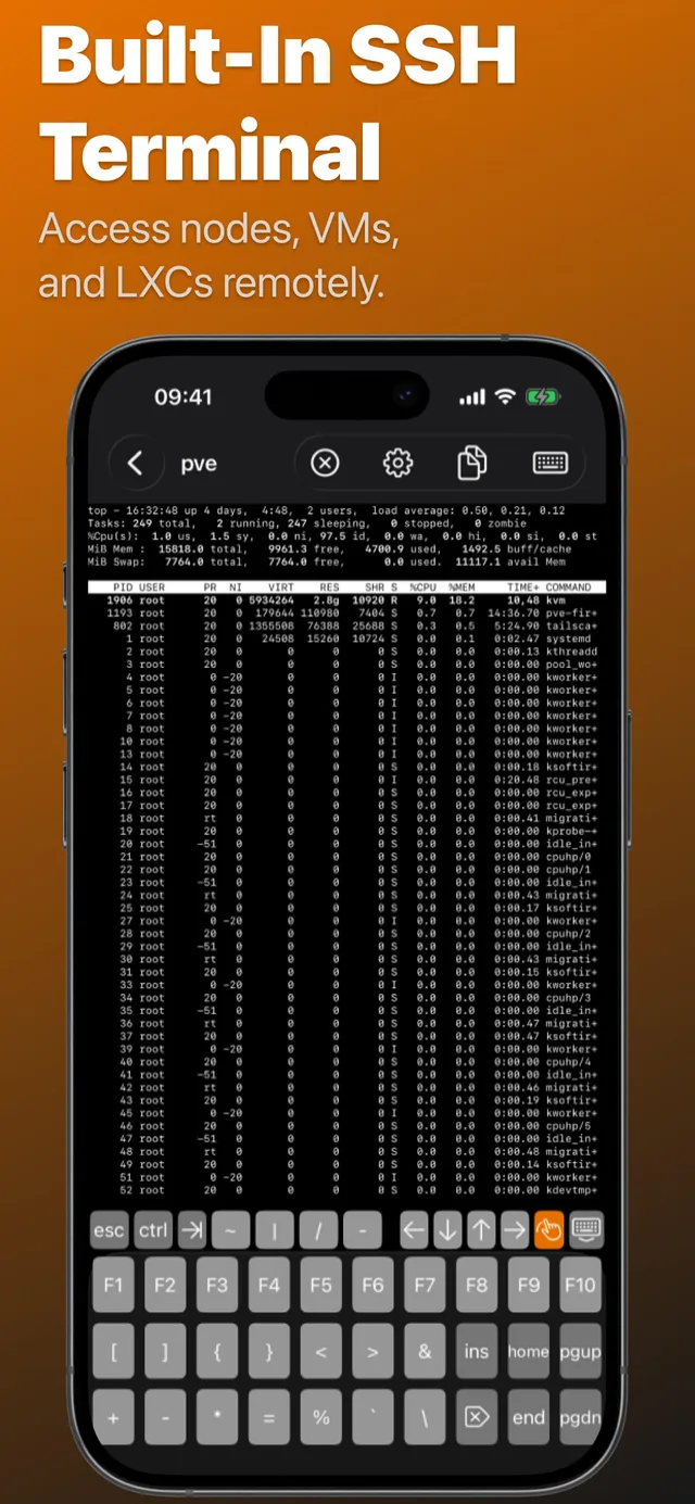 Prox Deck SSH Terminal on iPhone showing a remote Linux terminal session and extended keyboard controls.